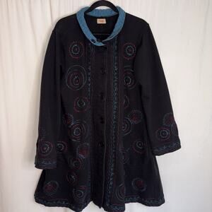 Tulip Button Up Black Jacket Geometric Spiral Embroidery Women Size X-LARGE EUC
